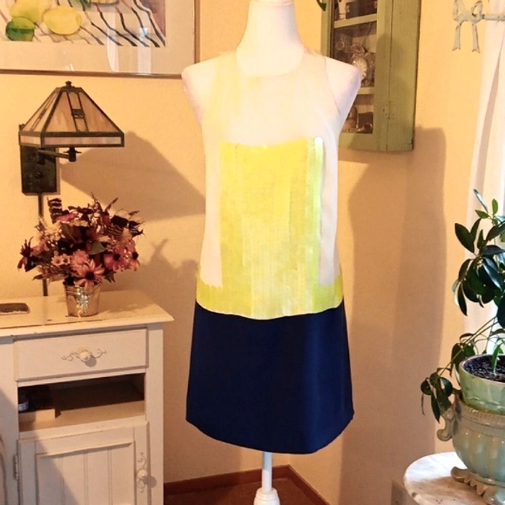 Tibi Colorblock Silk Paillette Front Shift Dress. Y2K. Austin Powerful